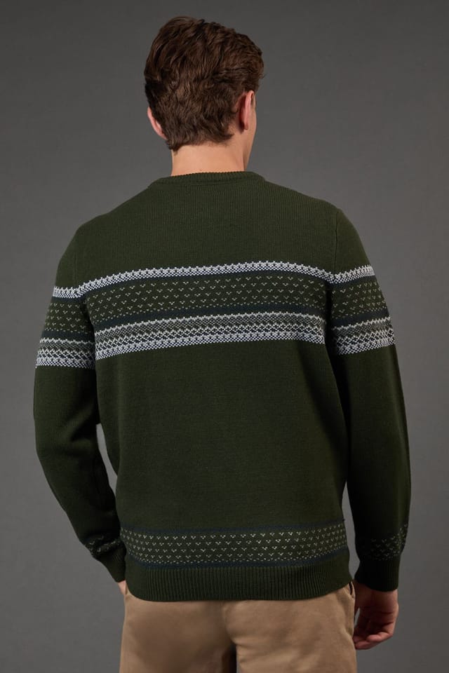 Burton Burton Men's Placement Stripe Pattern Crew Neck Jumper in Dark Green - 3
