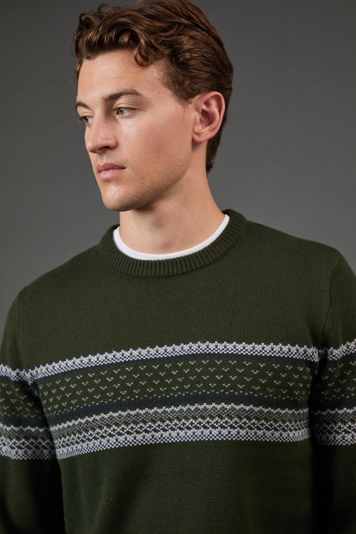 Burton Burton Men's Placement Stripe Pattern Crew Neck Jumper in Dark Green - 4