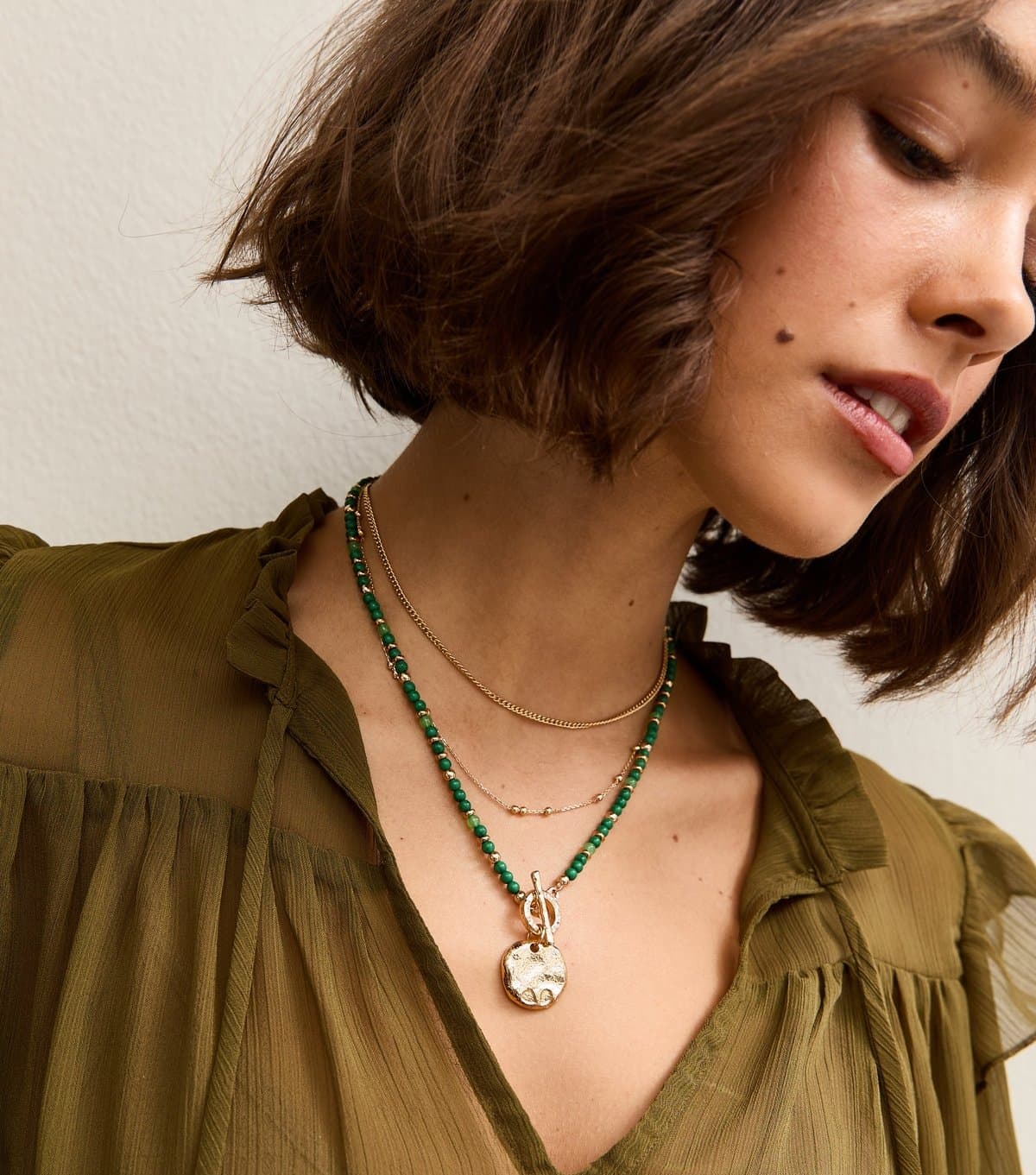 New Look New Look Gold Tone Layered Green Resin Necklace