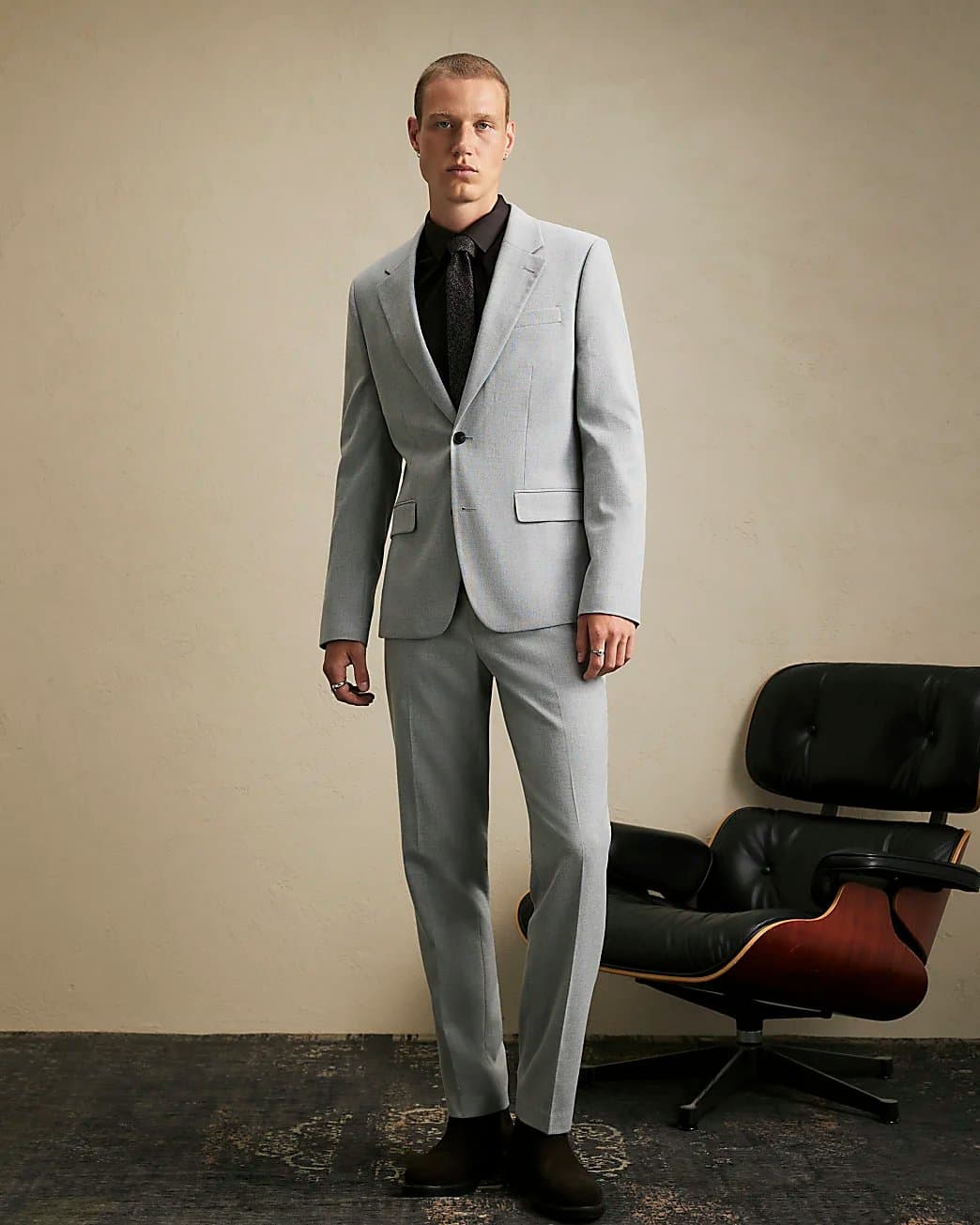 River Island Mens River Island Grey Slim Fit Stretch Textured Suit Trousers
