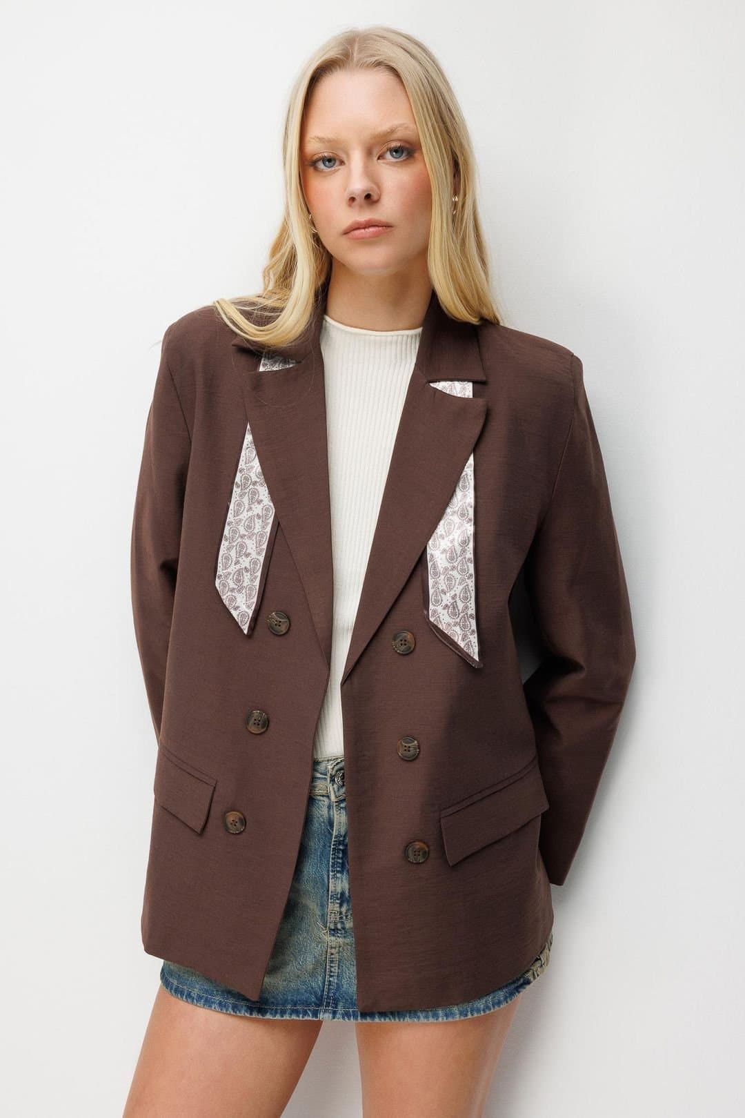 MixRay MixRay Women's Linen Blazer Jacket with Scarf Detail in Dark Brown