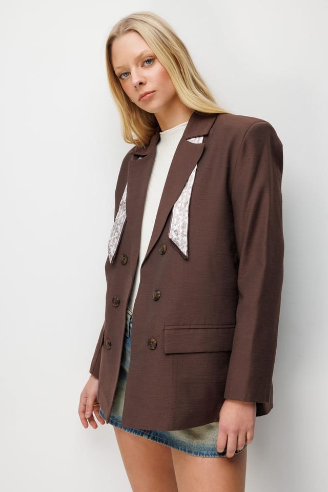MixRay MixRay Women's Linen Blazer Jacket with Scarf Detail in Dark Brown - 2