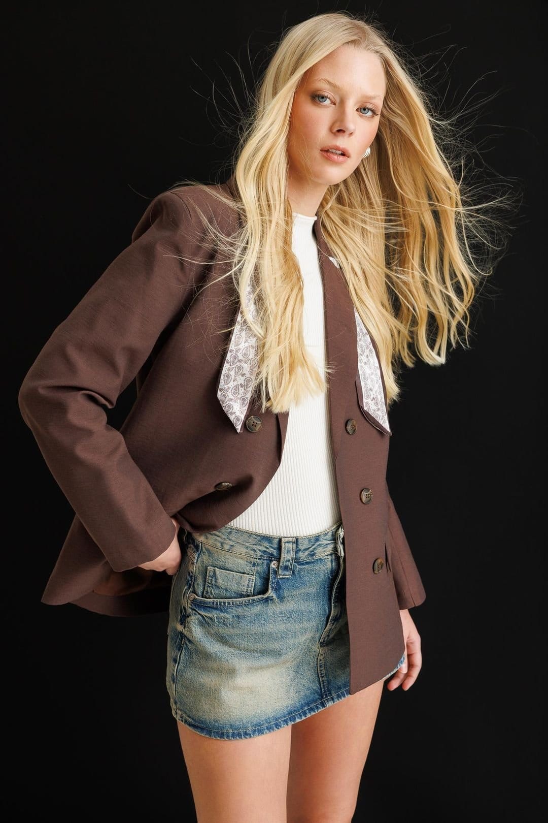 MixRay MixRay Women's Linen Blazer Jacket with Scarf Detail in Dark Brown - 4