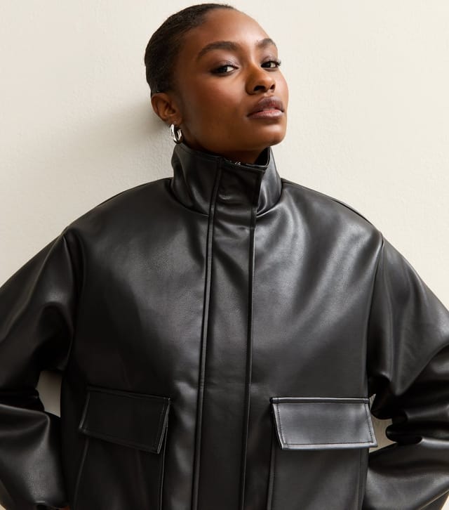 New Look Women's Black Faux Leather Funnel Neck Bomber Jacket New Look - 2