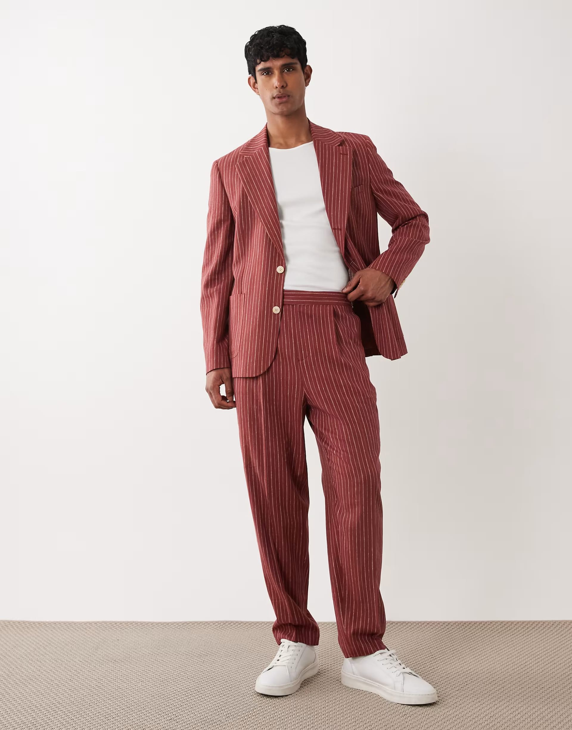 ASOS Terracotta Stripe Linen Oversized Tapered Suit Trousers