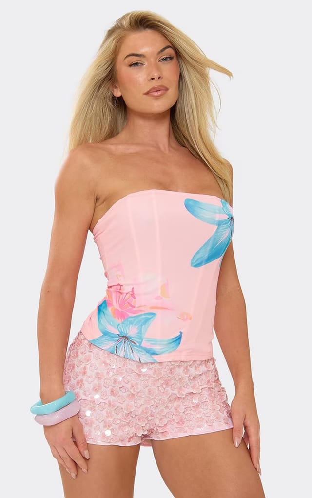 EGO Bandeau Corset Top In Pink Floral Print Mesh, Women's Size UK 6 - 2