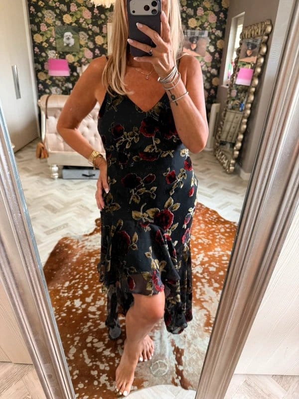 Never Fully Dressed Black Floral Velvet Midi Dress
