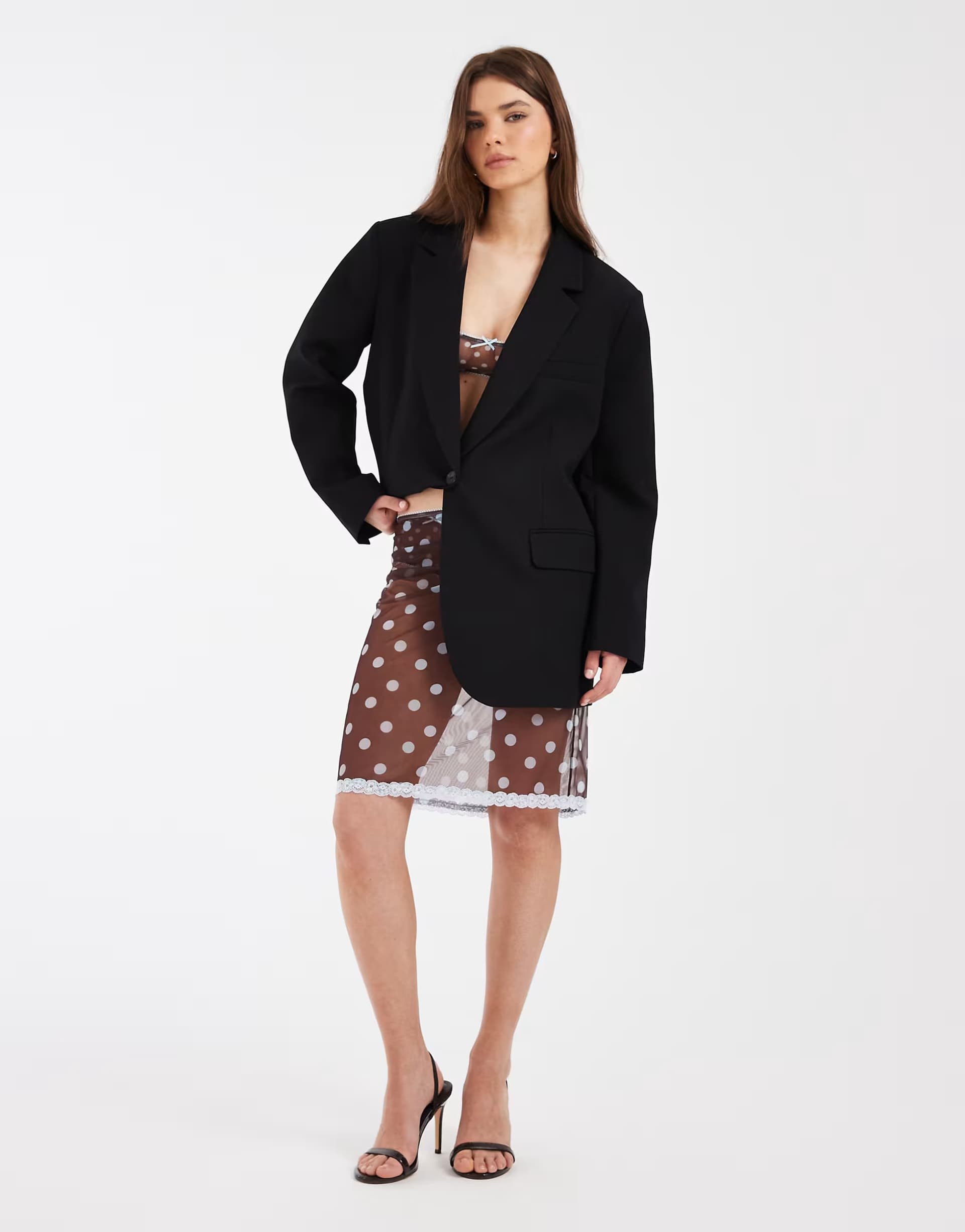 ASOS ASOS DESIGN Sadie sheer mesh polka dot midi slip skirt in brown & blue