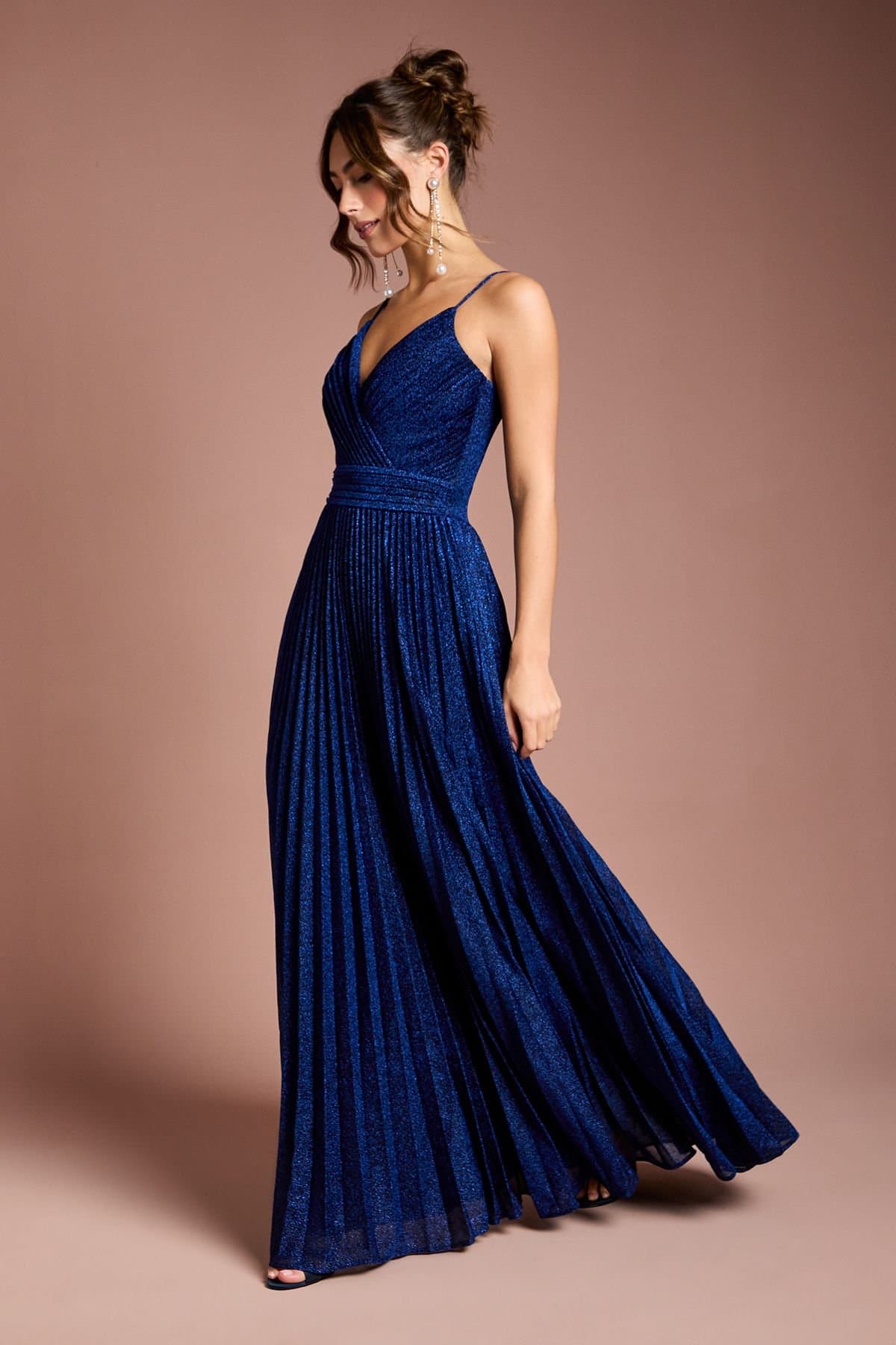 Coast Coast Women's V neck Cami Shimmer Pleated Maxi Dress in Navy