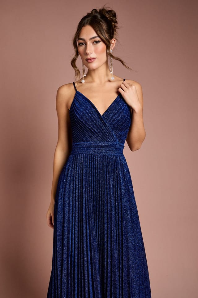 Coast Coast Women's V neck Cami Shimmer Pleated Maxi Dress in Navy - 2