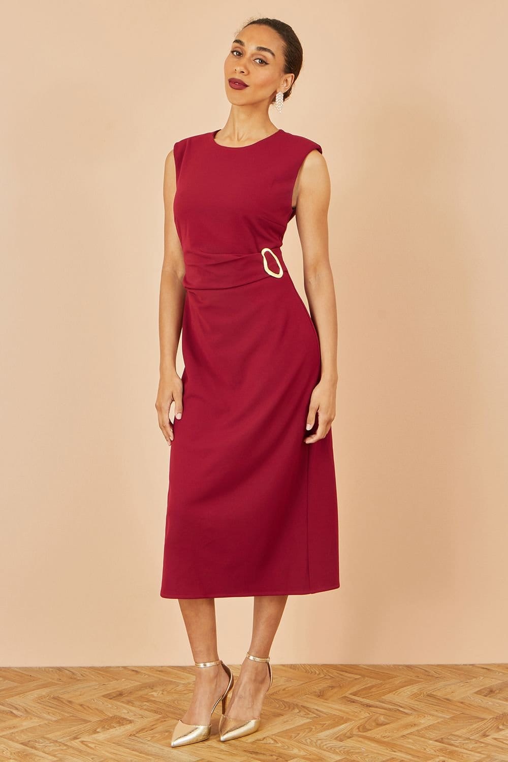 Yumi Yumi Women's Burgundy Buckle Detail Ruched Dress - 4