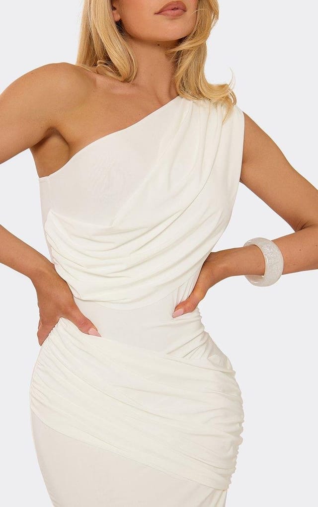 EGO One Shoulder Cowl Front Maxi Dress In White, Women's Size UK 6 - 2