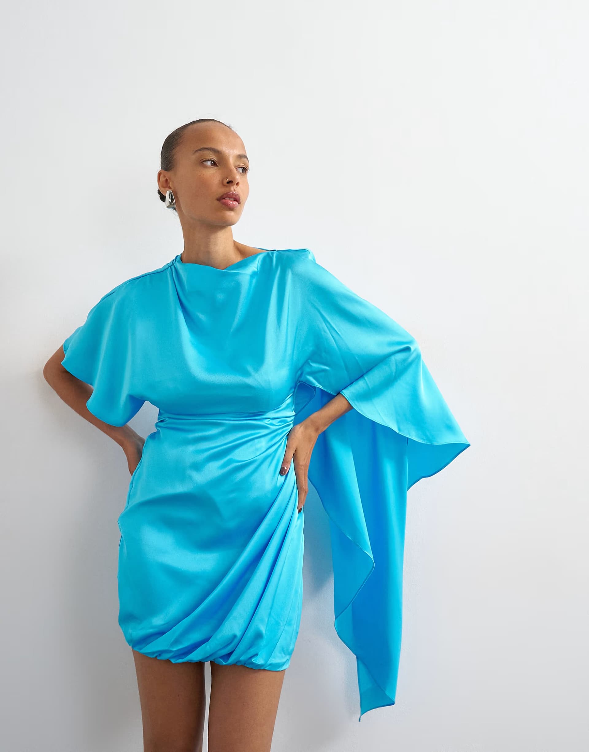 ASOS Topshop satin cape sleeve draped mini dress in electric blue