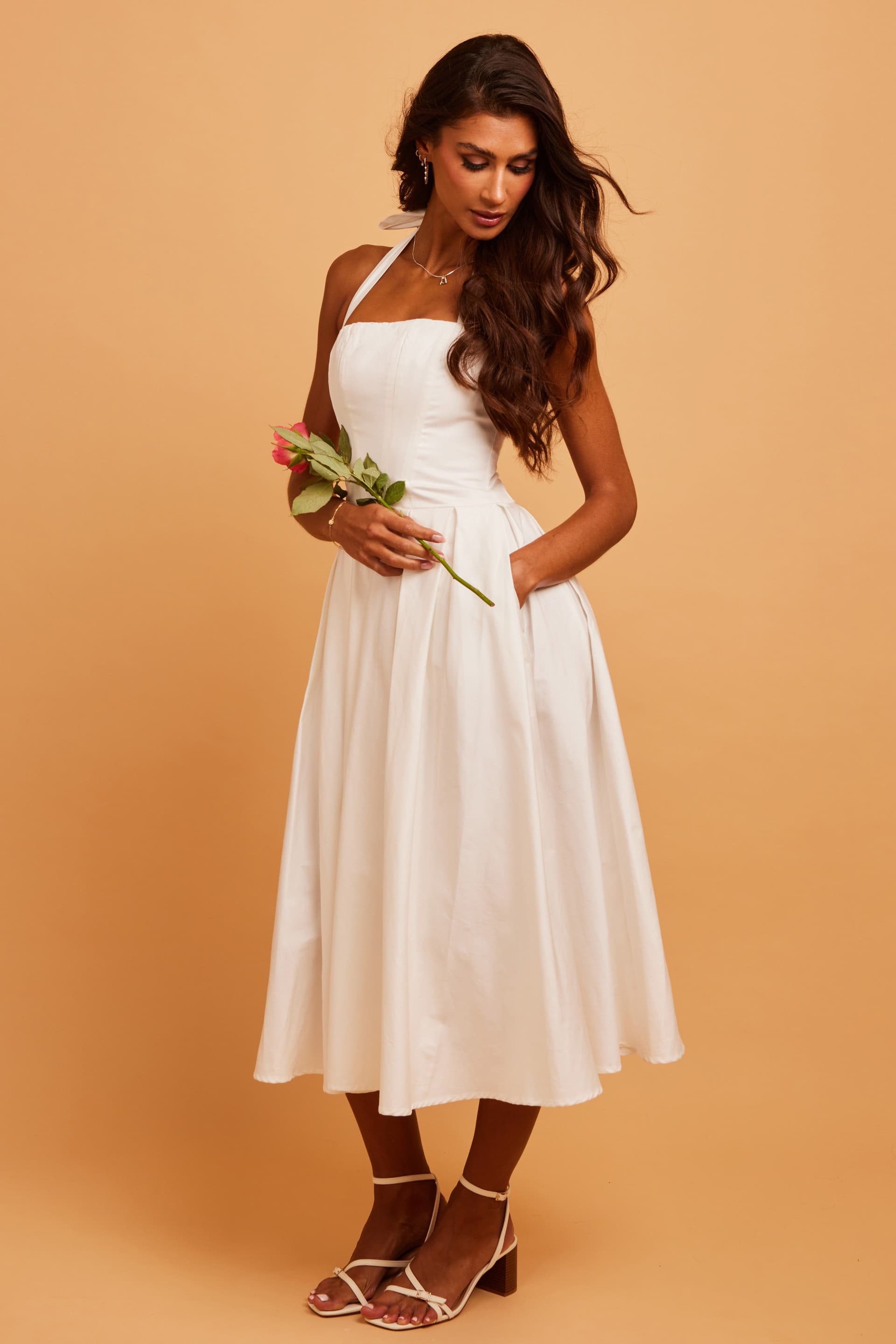 Jaded Rose Jaded Rose Women's Zain White Cotton Pleated Bow Halter Midi Dress