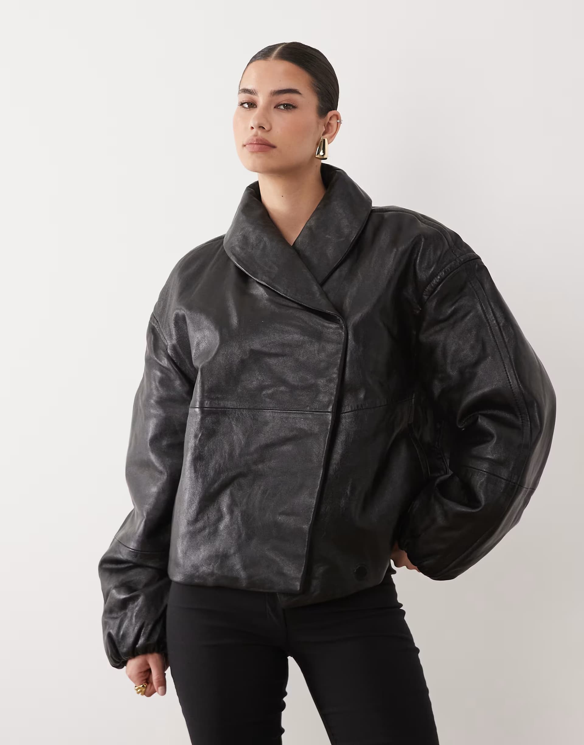 ASOS Mango Capsule 100% leather padded funnel neck jacket in black