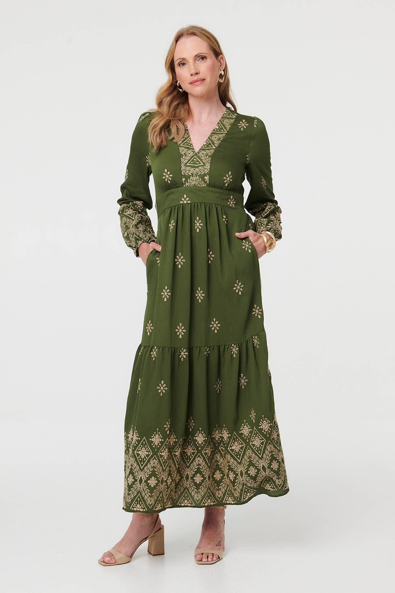 Izabel London Izabel London Women's Border Print Long Sleeve Maxi Dress in Green