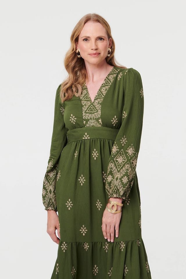Izabel London Izabel London Women's Border Print Long Sleeve Maxi Dress in Green - 2