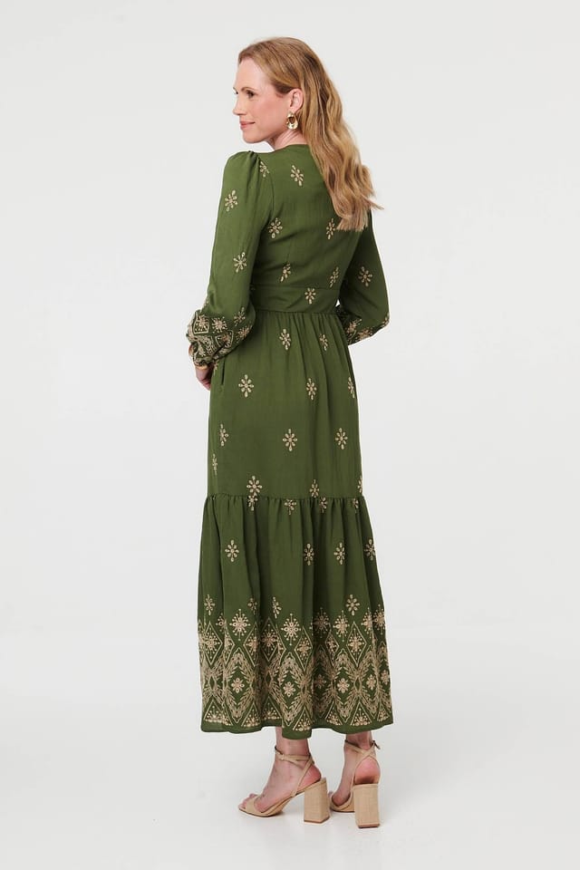 Izabel London Izabel London Women's Border Print Long Sleeve Maxi Dress in Green - 3