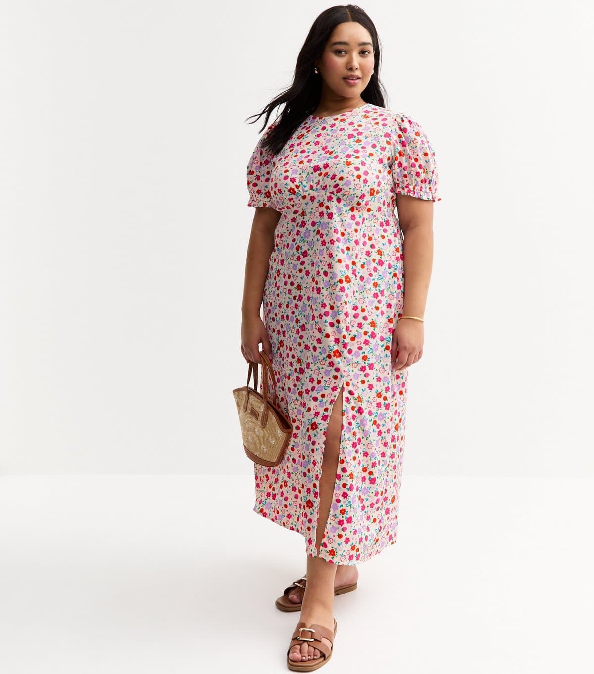 New Look Women's Plus Size Cream Floral Print Midi Dress Curves New Look