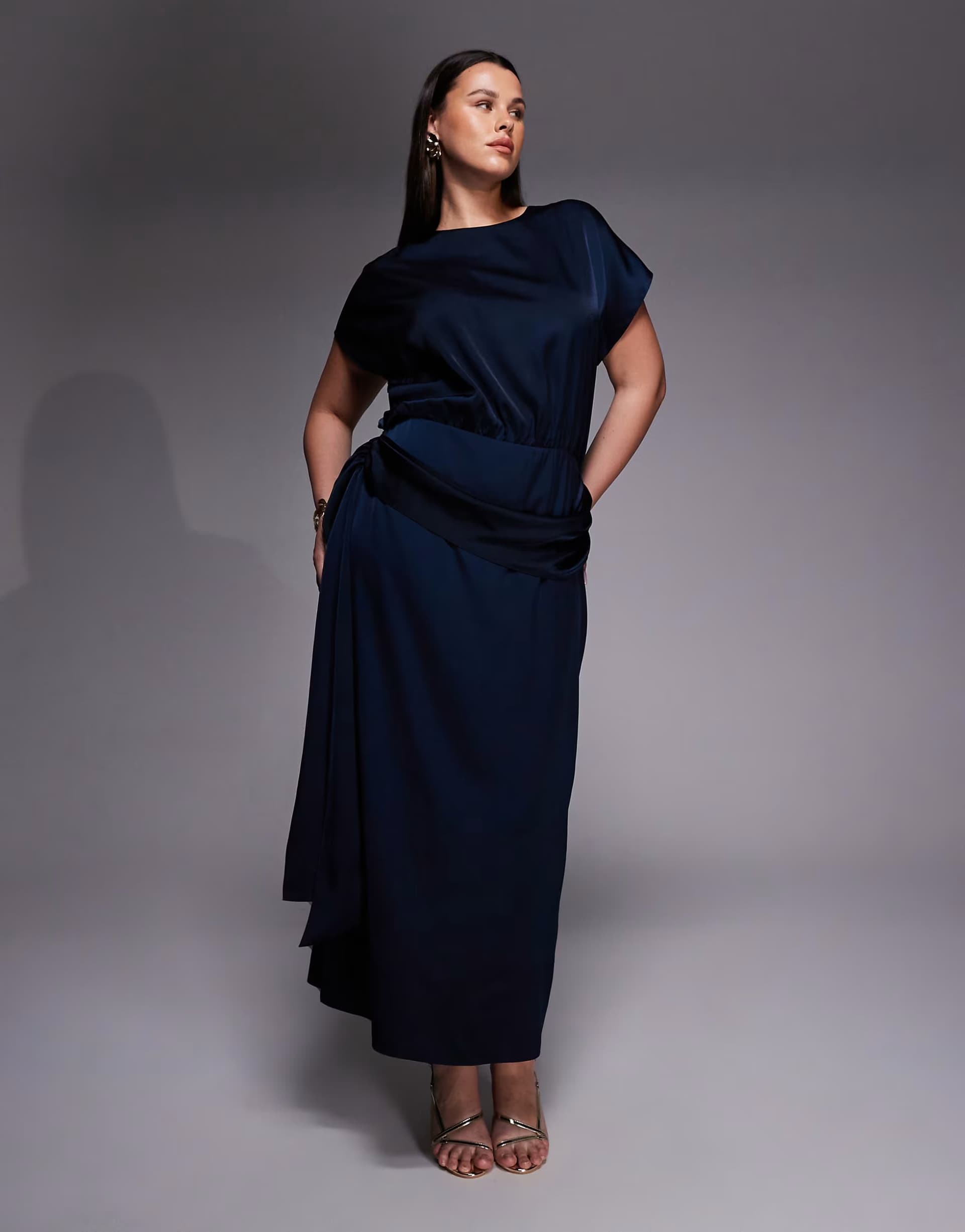 ASOS ASOS DESIGN Curve satin flutter sleeve draped waist maxi dress in navy