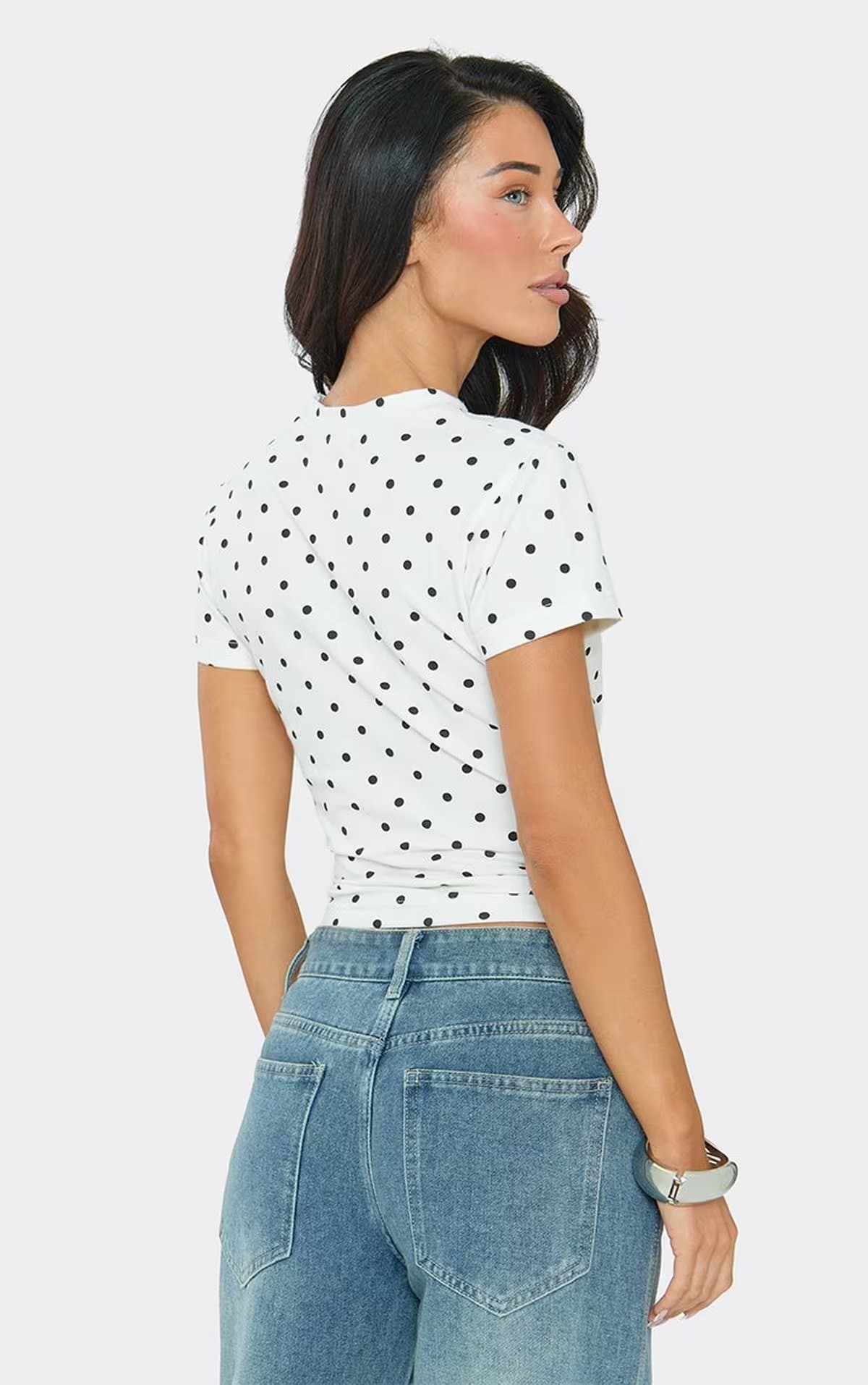EGO Short Sleeve Fitted Baby Tee In White Polka Dot., Women's Size UK 6