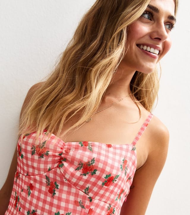 New Look Women's Pink Gingham Rose Print Frill Trim Mini Dress New Look - 2