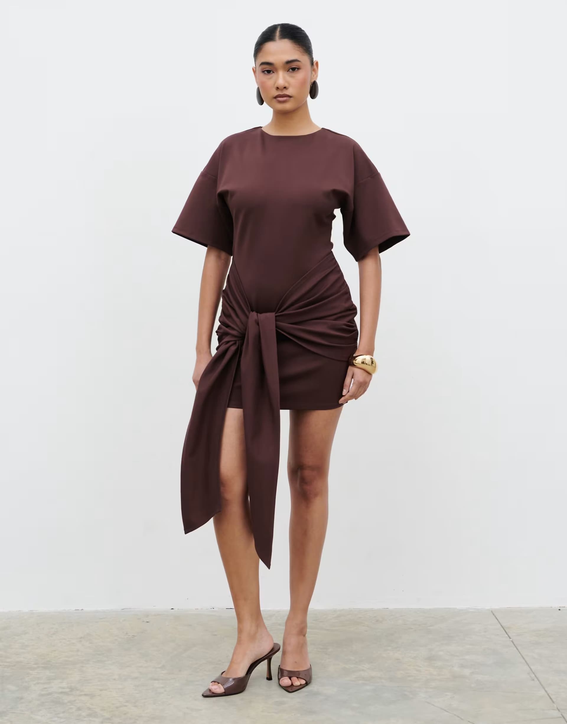 ASOS Pretty Lavish Olivia jersey dropped shoulder tie drape detail mini dress in brown