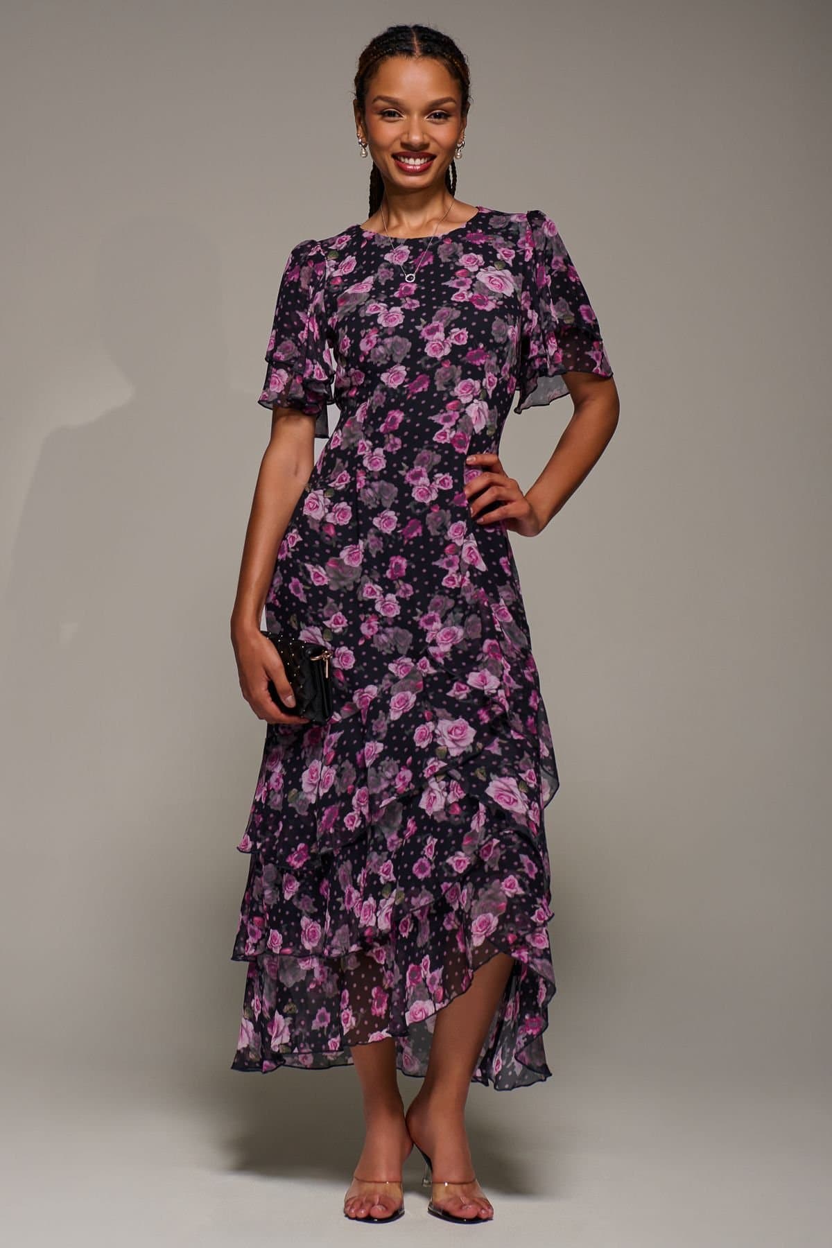 Jolie Moi Jolie Moi Women's Ruffle Detail Chiffon Midaxi Dress in Dark Navy