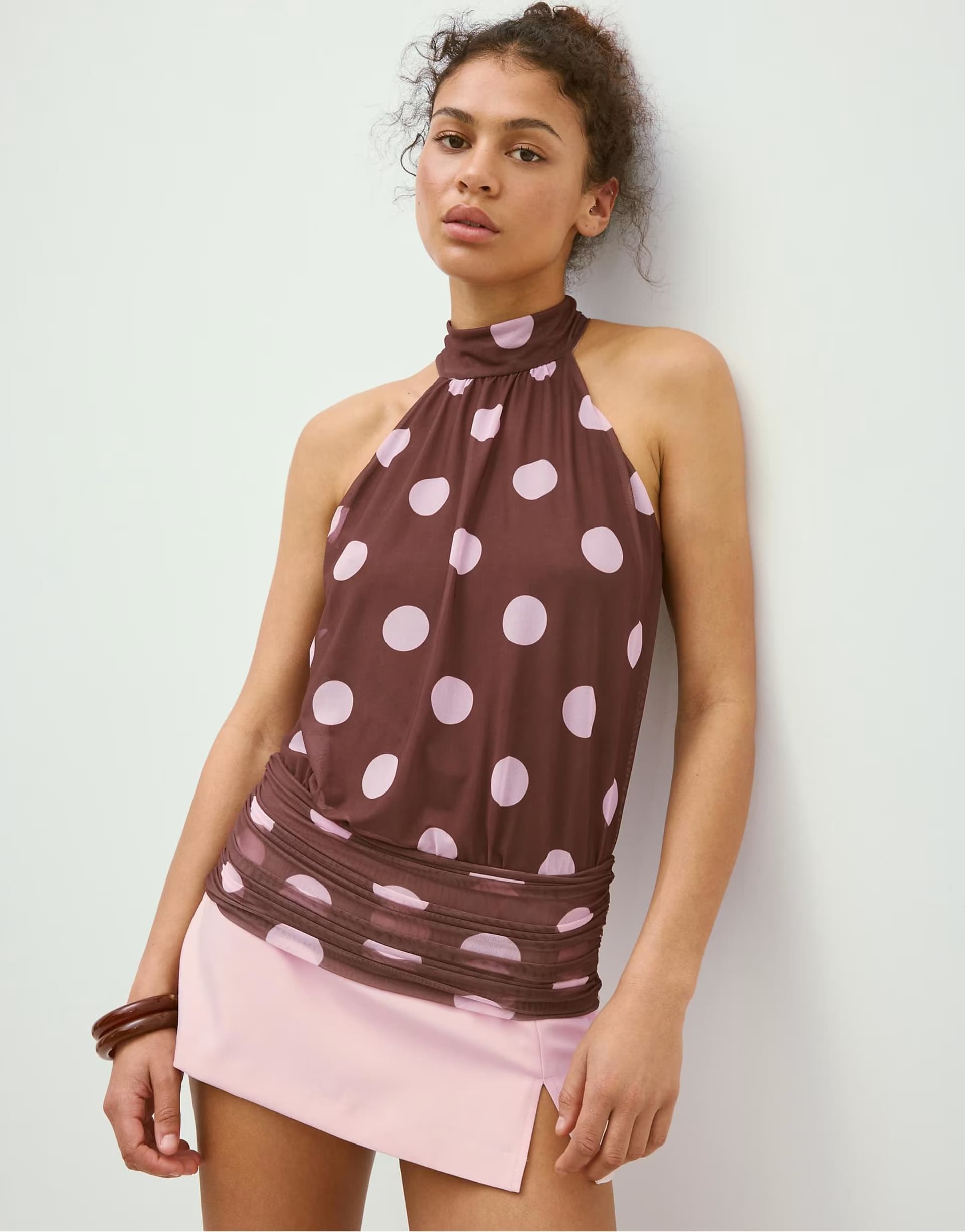 ASOS Stradivarius Puff mesh print halter top in salmon pink