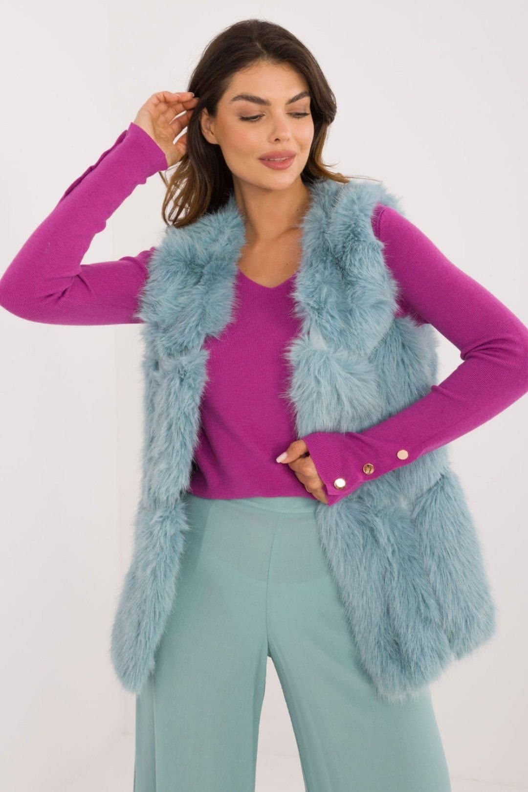 Love Lace Love Lace Women's Soft Polyester Faux Fur Vest with Slip Pockets in Duck Egg Blue