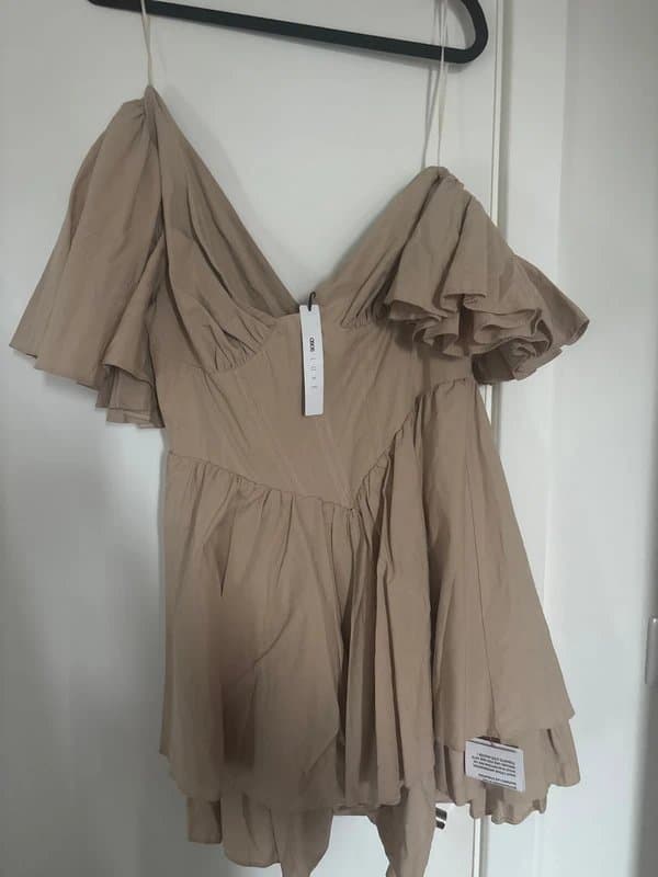 ASOS ASOS Luxe One Shoulder Cotton Ruffle Corset Mini Dress - Stone - Size 12