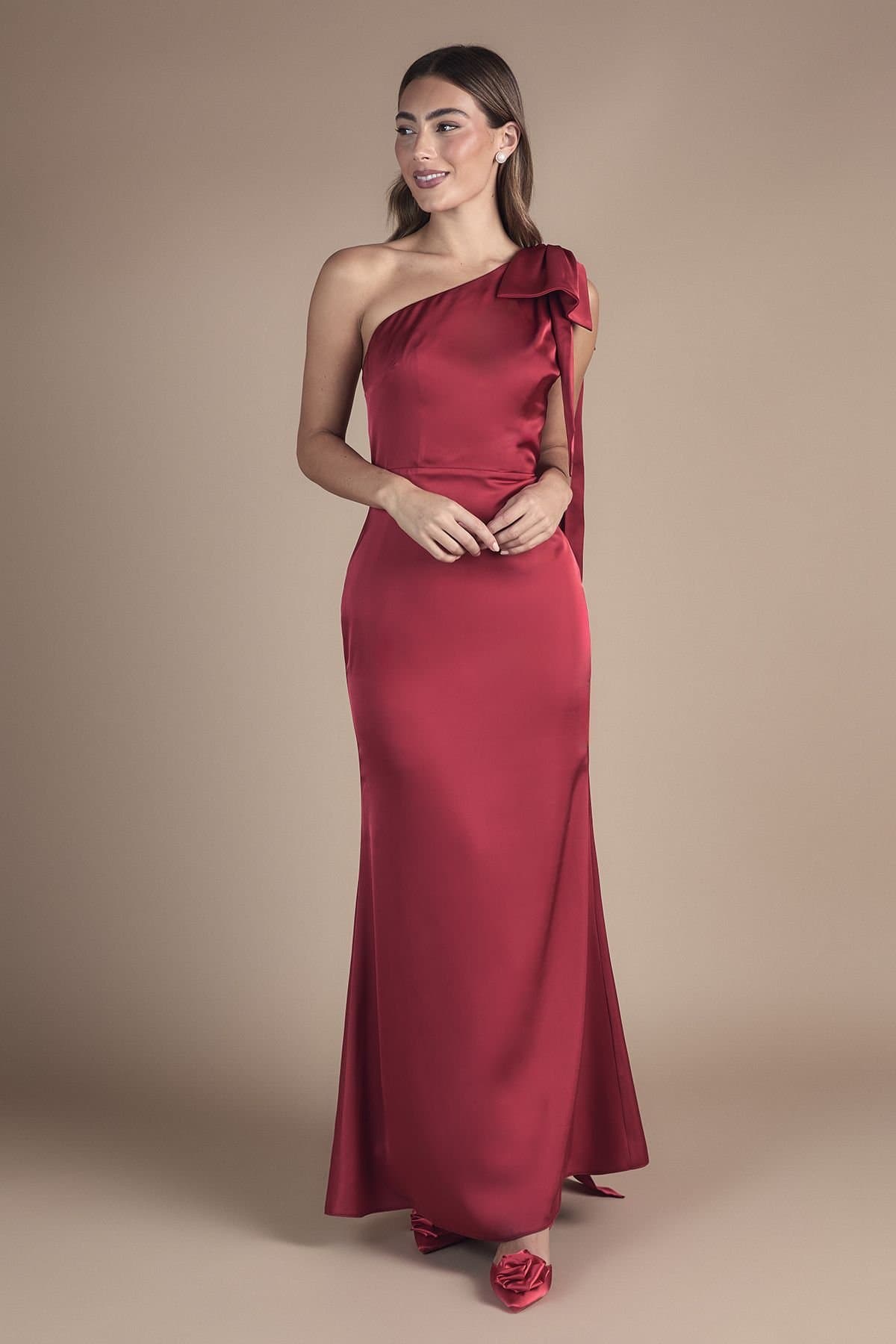 Coast Coast Women's Bow & Drape Detail One Shoulder Satin Bridesmaid Dress in Red