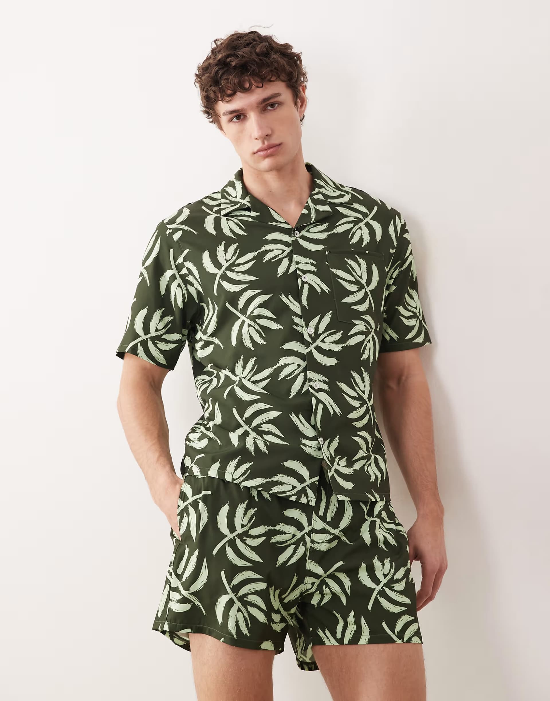 ASOS Free Society palm print short sleeve beach shirt in khaki