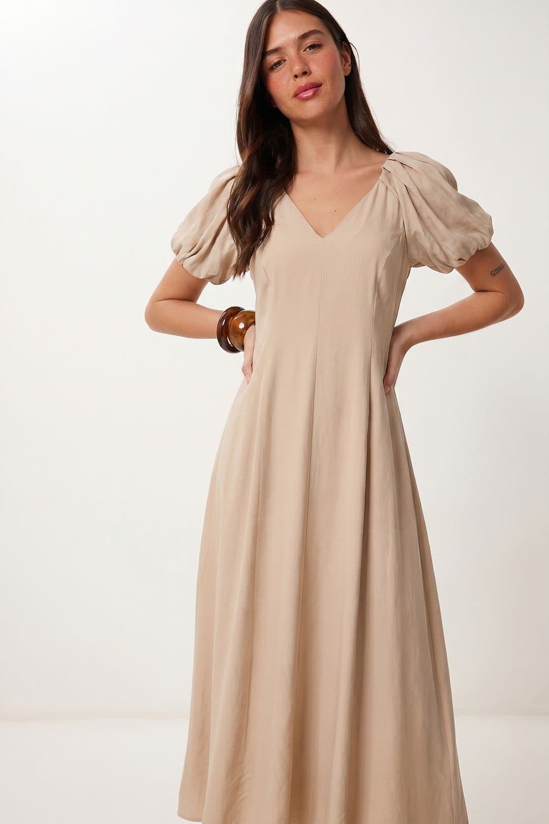 Happiness Istanbul Happiness Istanbul Women's A-line Midi Dress With V-neck in Beige