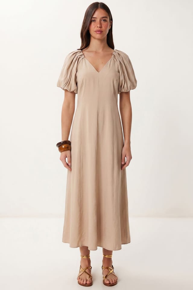 Happiness Istanbul Happiness Istanbul Women's A-line Midi Dress With V-neck in Beige - 2