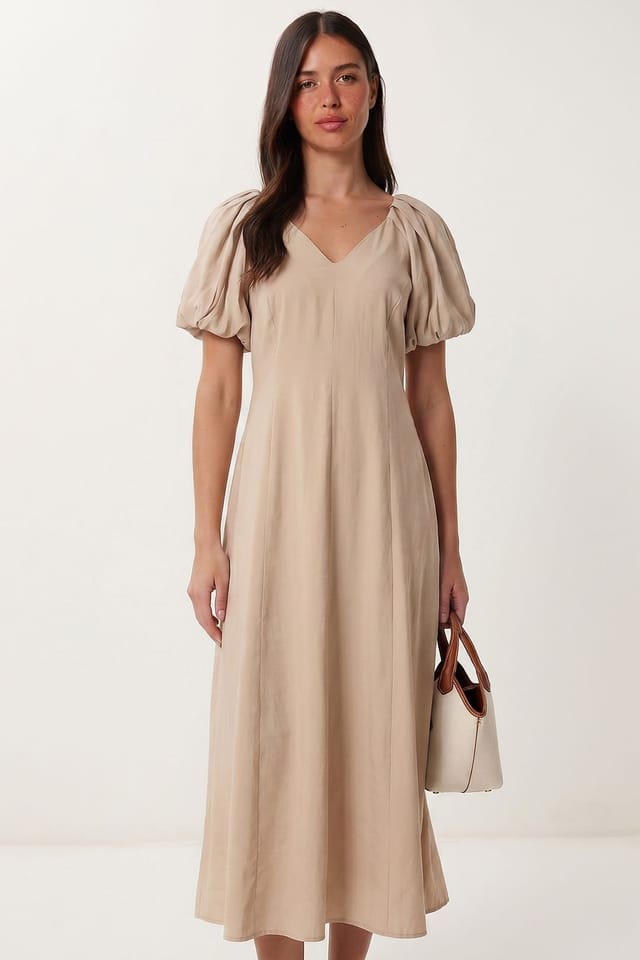 Happiness Istanbul Happiness Istanbul Women's A-line Midi Dress With V-neck in Beige - 3
