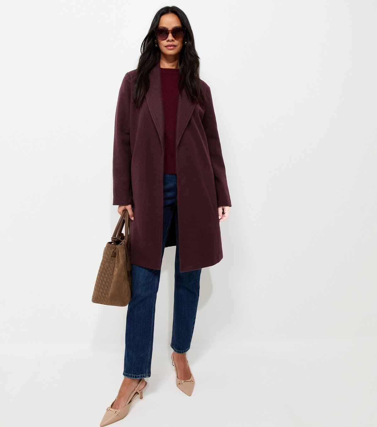 New Look Women's Dark Burgundy Open Front Longline Formal Coat New Look