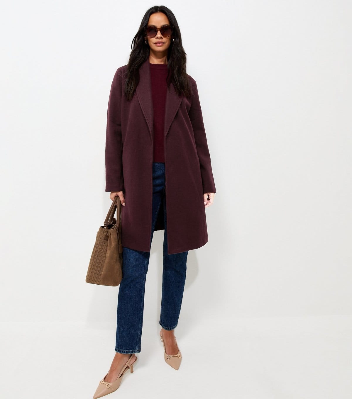 Women's Dark Burgundy Open Front Longline Formal Coat New Look