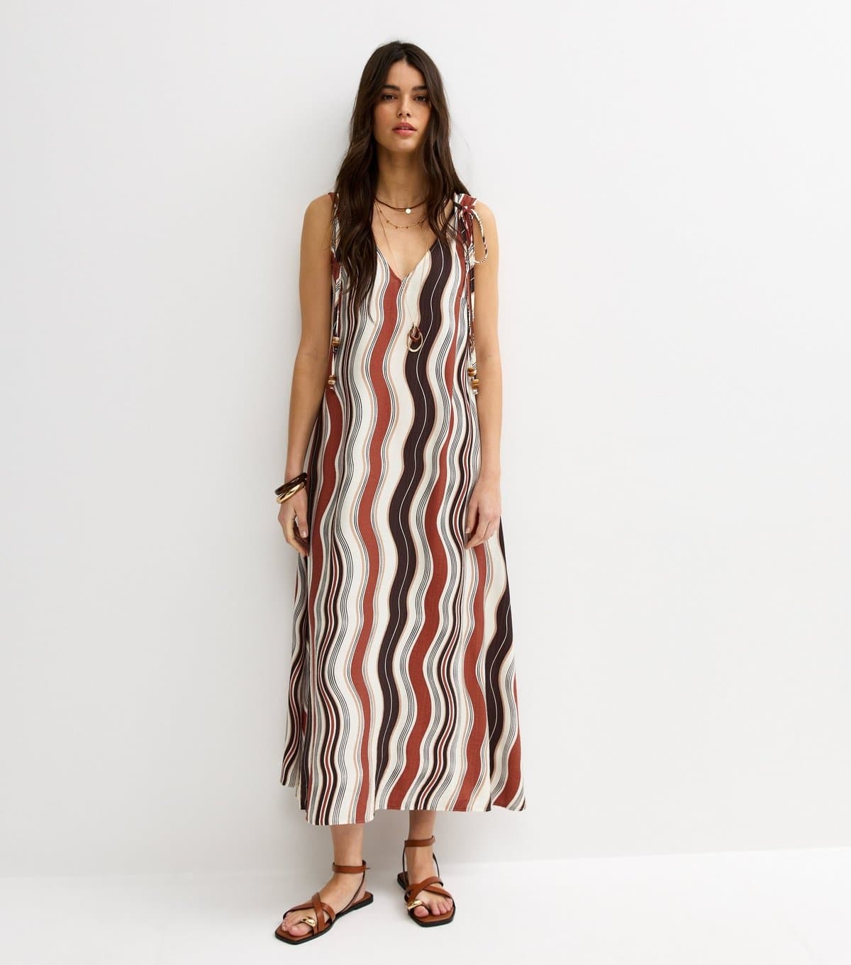 New Look Women's Brown Wavy Print Ruched Shoulder Smock Midi Dress New Look