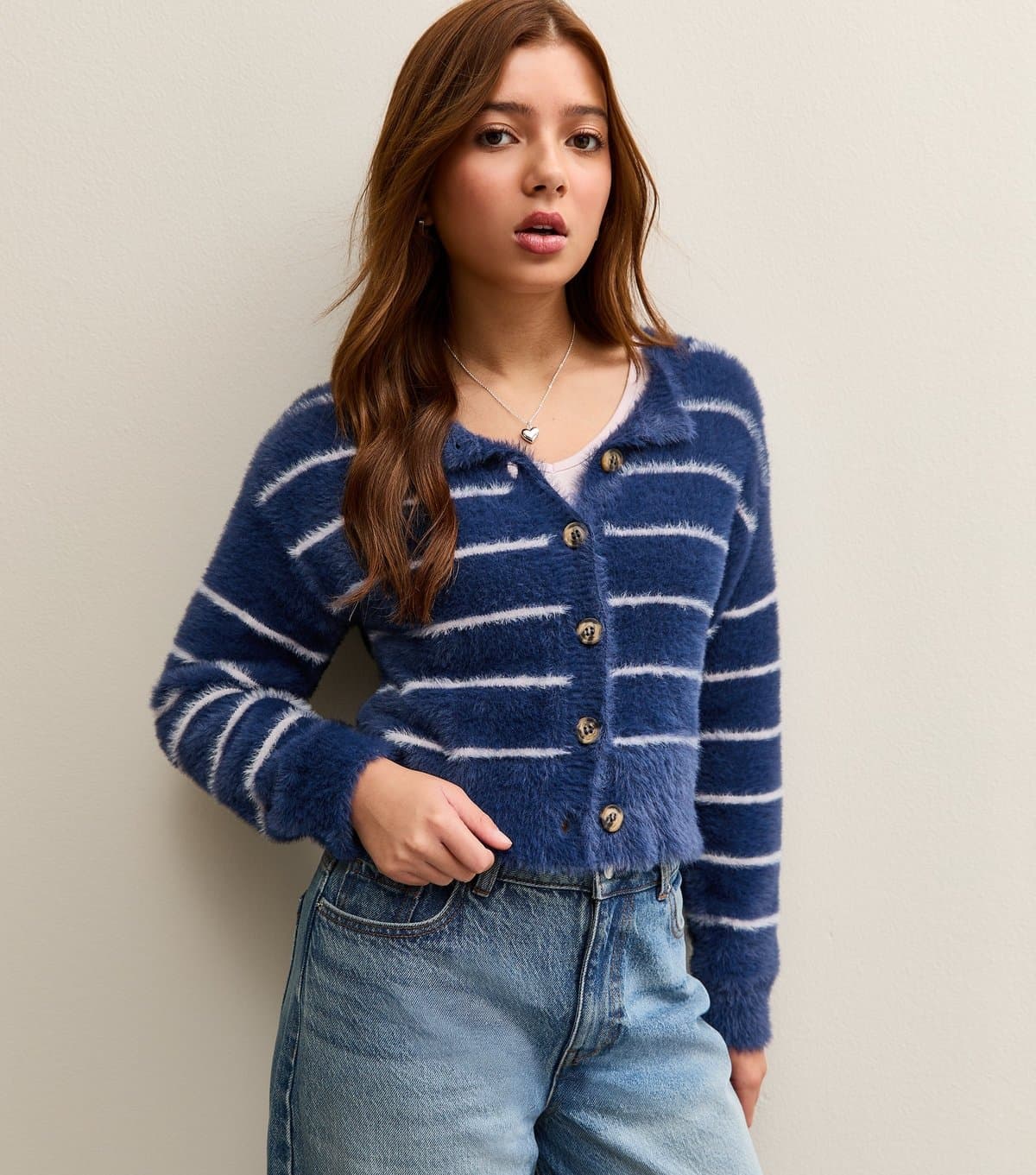 New Look Girls' Blue Fluffy Striped Cardigan New Look