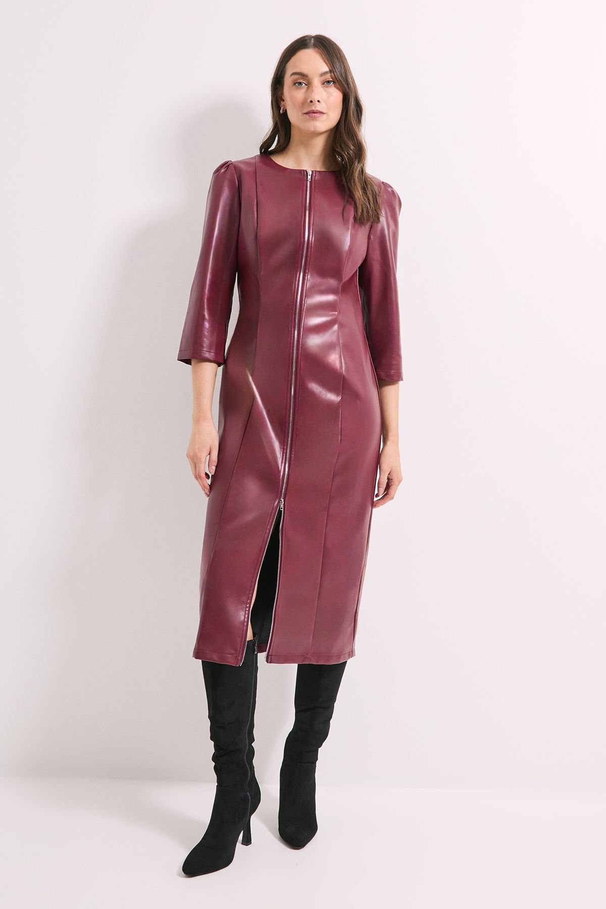 Principles Principles Women's PU Long Sleeve Column Midi Dress in Wine - 2