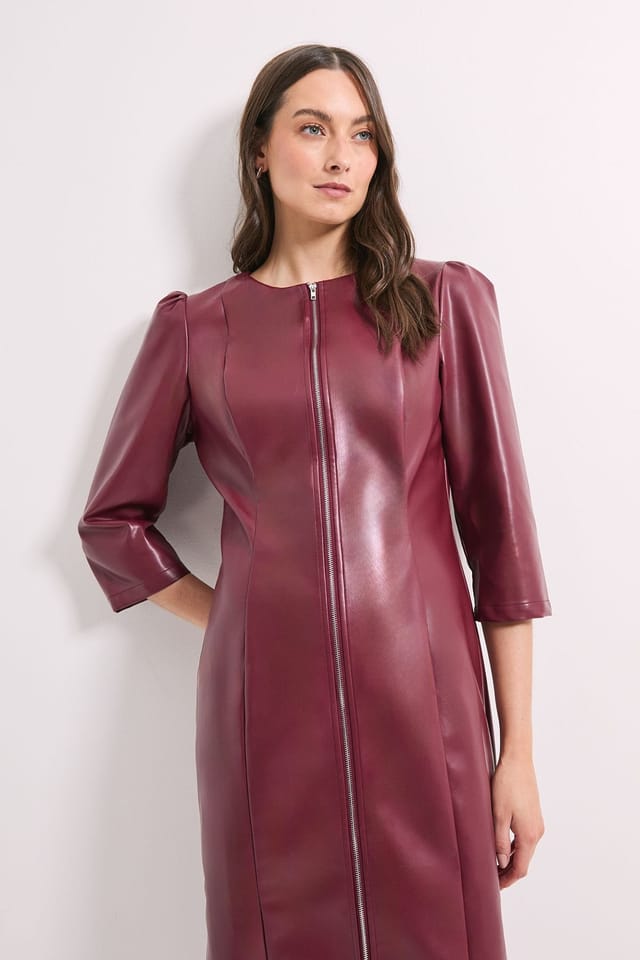 Principles Principles Women's PU Long Sleeve Column Midi Dress in Wine - 2