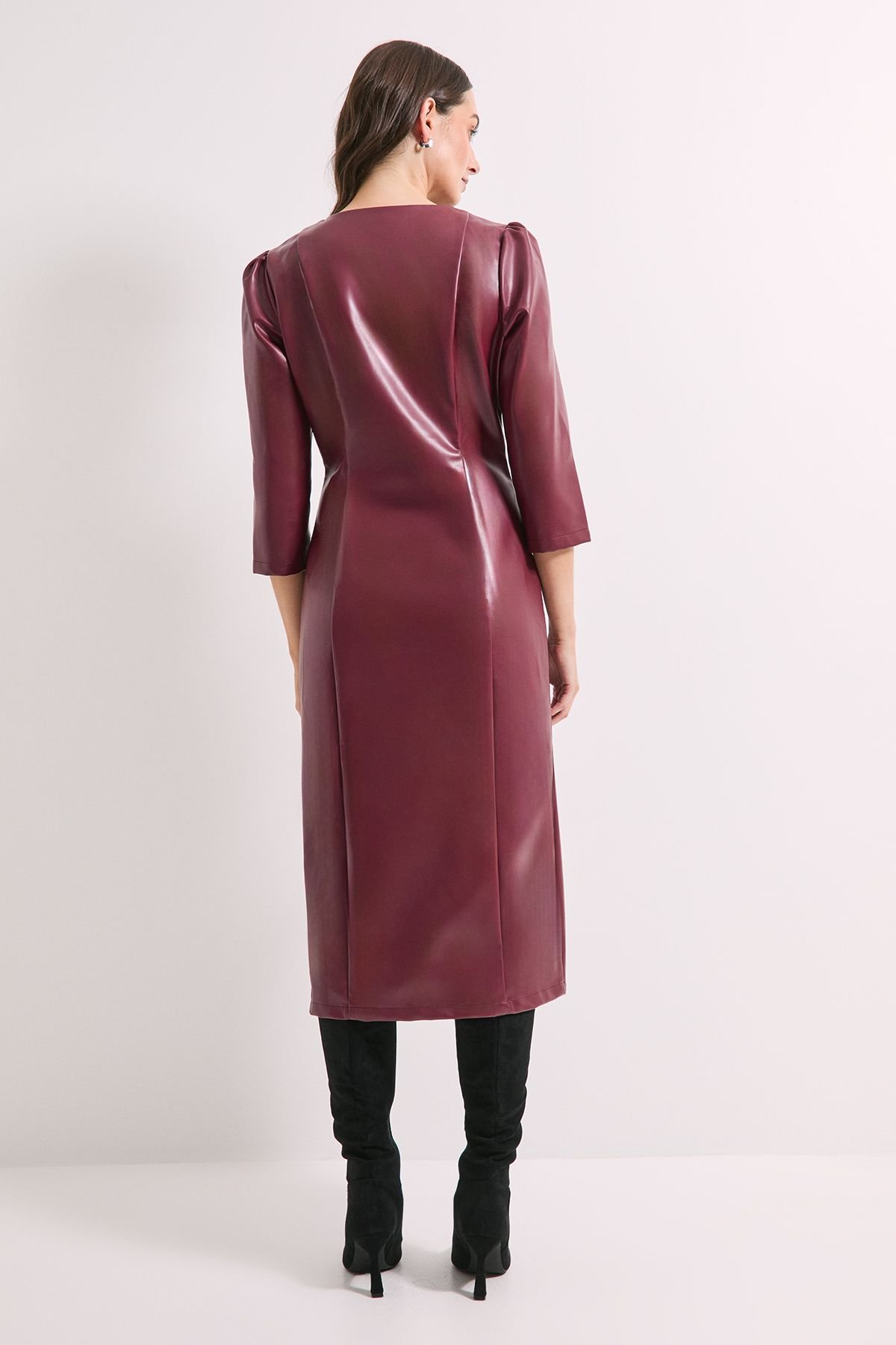 Principles Principles Women's PU Long Sleeve Column Midi Dress in Wine - 3