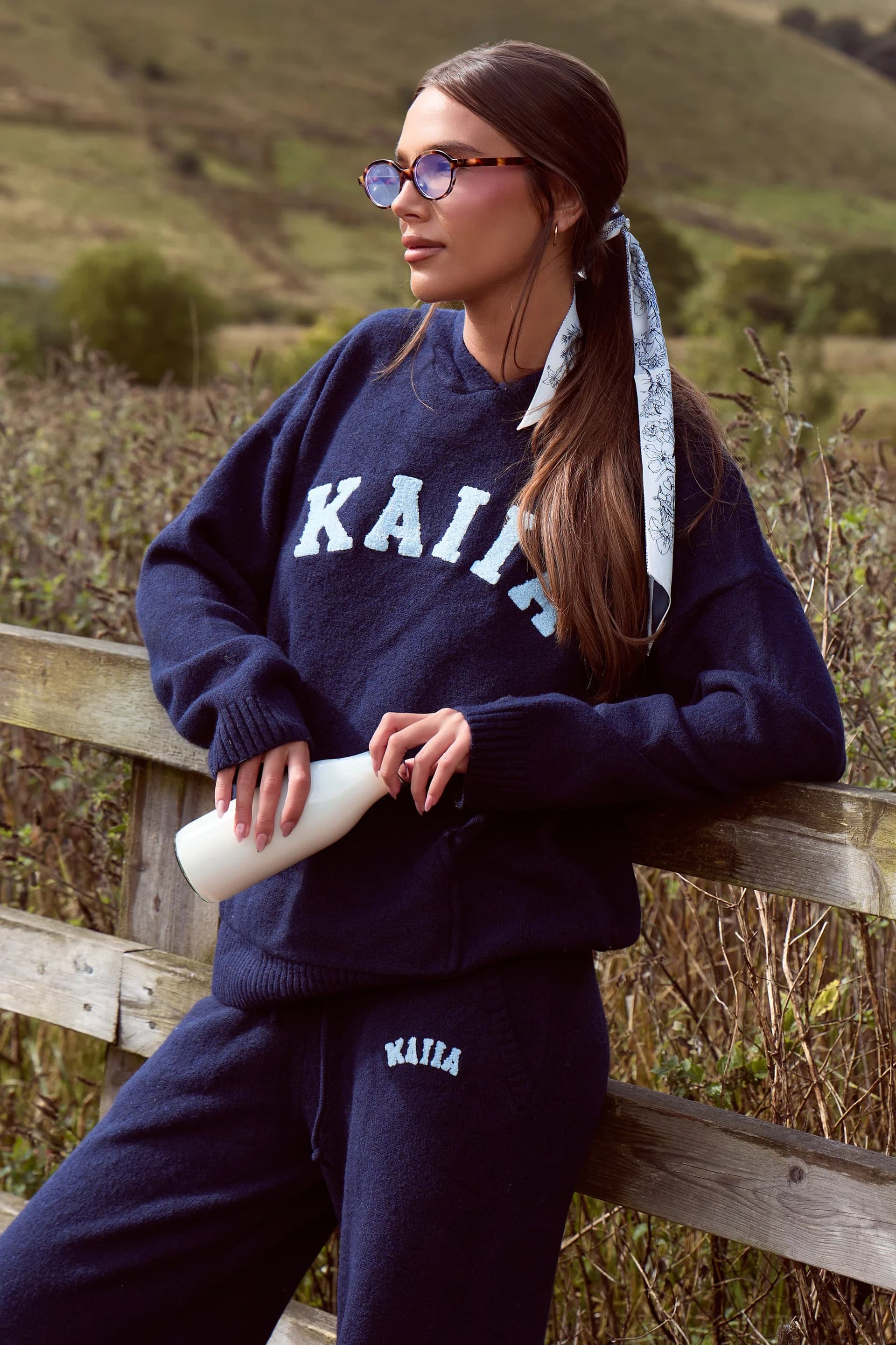Kaiia Kaiia Knit Logo Oversized Hoodie Navy & Baby Blue