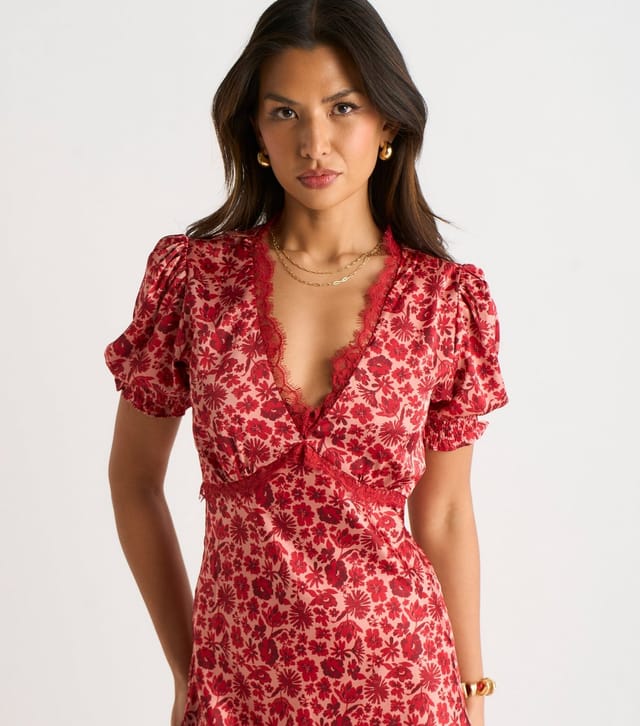 Gini London Women's Red Floral Lace Trim Midi Dress Gini London New Look - 2