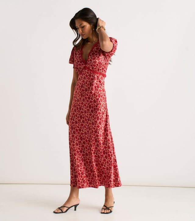 Gini London Women's Red Floral Lace Trim Midi Dress Gini London New Look - 3