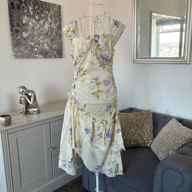 ASOS Cream Lilac Blue Floral Lace Trim Gathered Corset Draped Asymmetric Hem Boho Midi Dress 10