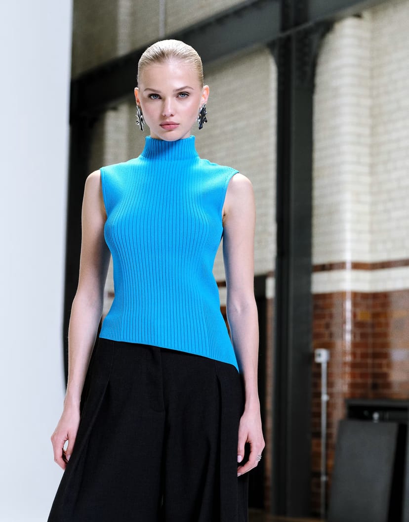 ASOS ASOS DESIGN fine knit high neck asymmetric hem top in blue - 1