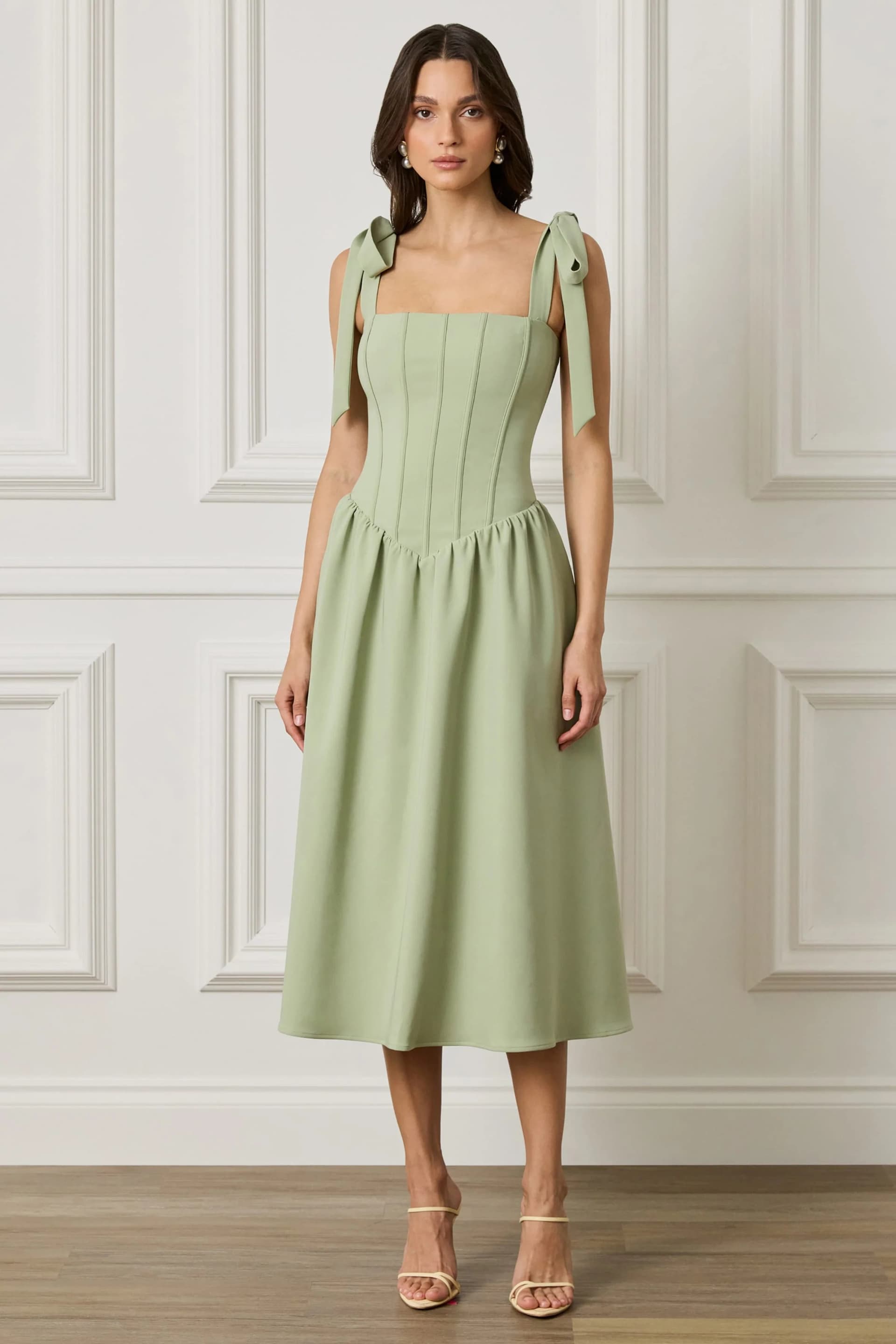 Lavish Alice Lavish Alice BLOSSOM Tie Shoulder Corset Midi Dress In Sage Green UK 8