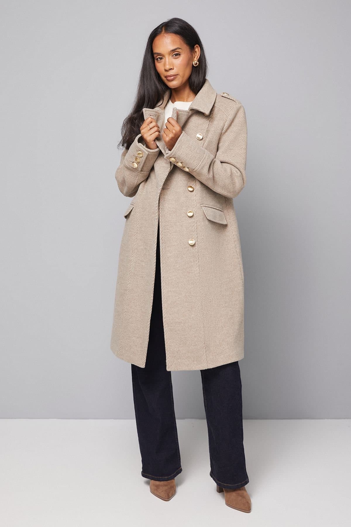 Wallis Wallis Women's Button Down Military Coat in Taupe